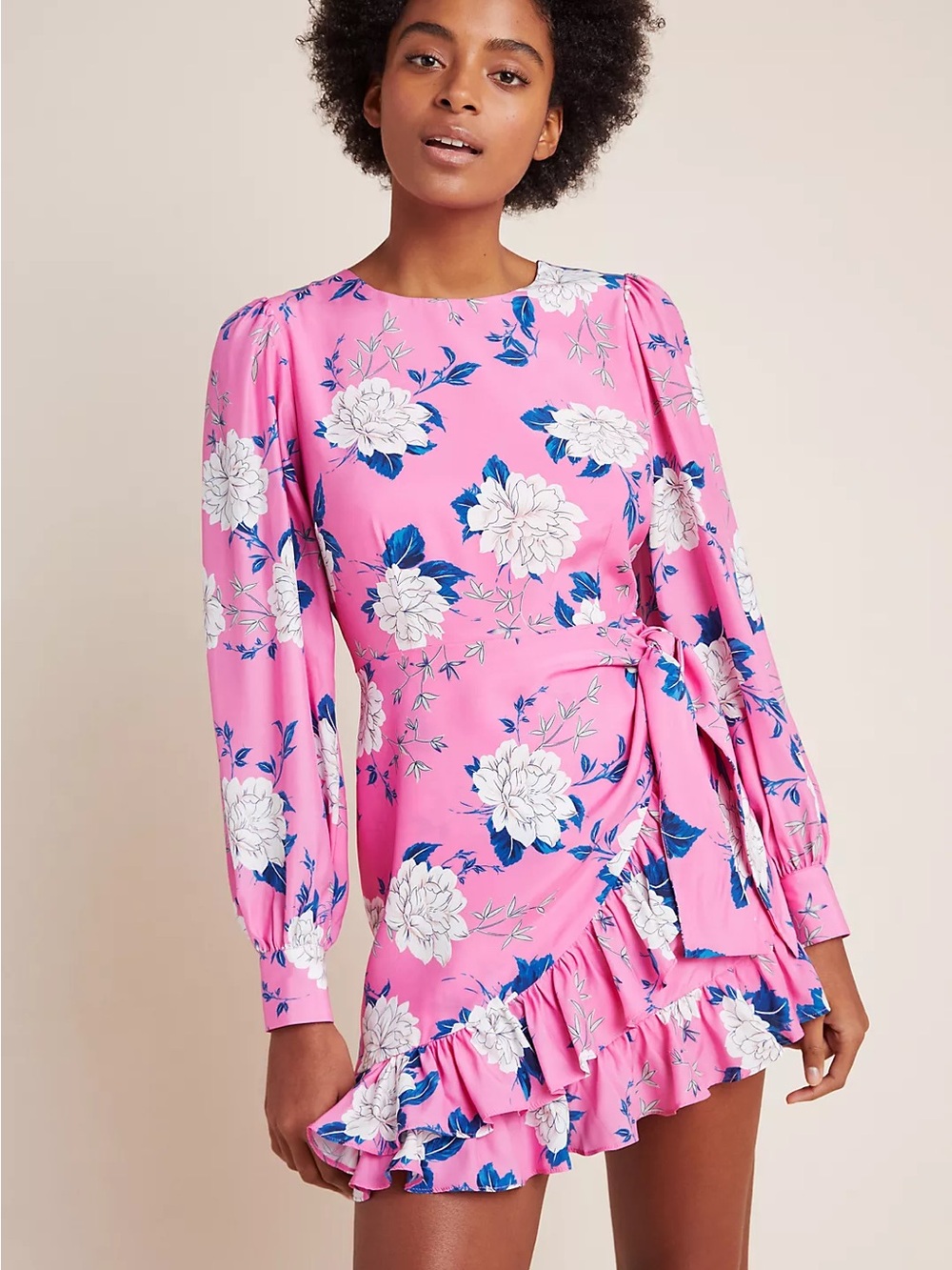 Yumi Kim Daphne Silk Mini Dress Pink Floral Faux Wrap Ruffle Long Sleeve Size 4